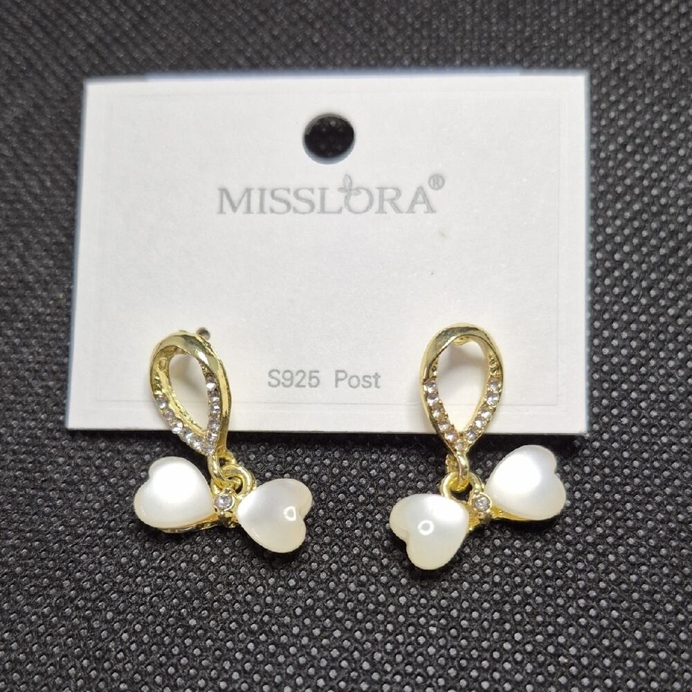 Gold White Bow Heart Dangle Rhinestone Crystals Earrings Wedding Fashion Costume